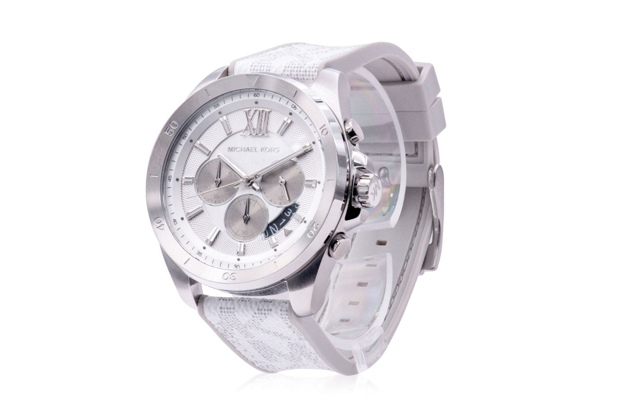 Close-up of Michael Kors MK8949 silver chronograph dial with luminous markers