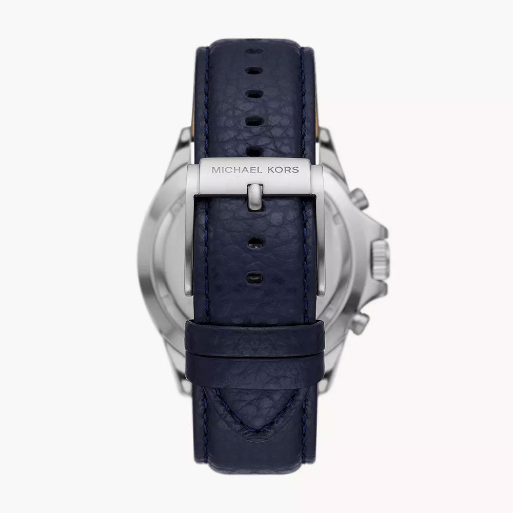 Back case of Michael Kors MK9091 quartz chronograph blue leather wristwatch