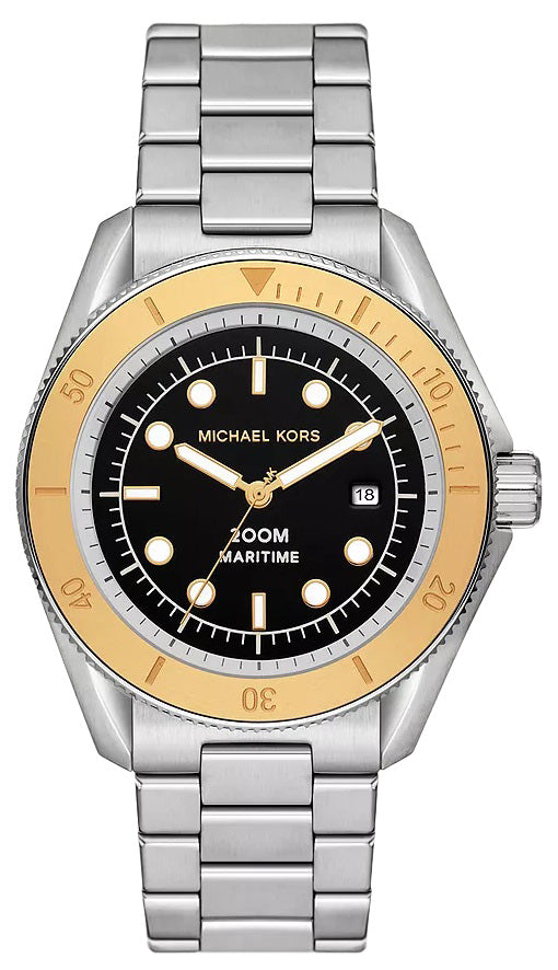 Michael Kors Maritime MK9161 men's black dial two-tone stainless steel watch front view