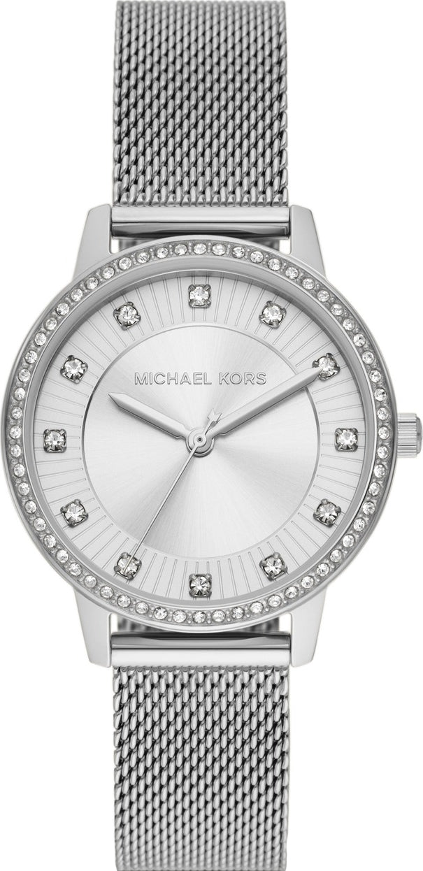 Michael Kors Crystals MKO1013 women's silver dial silver mesh stainless steel watch front view
