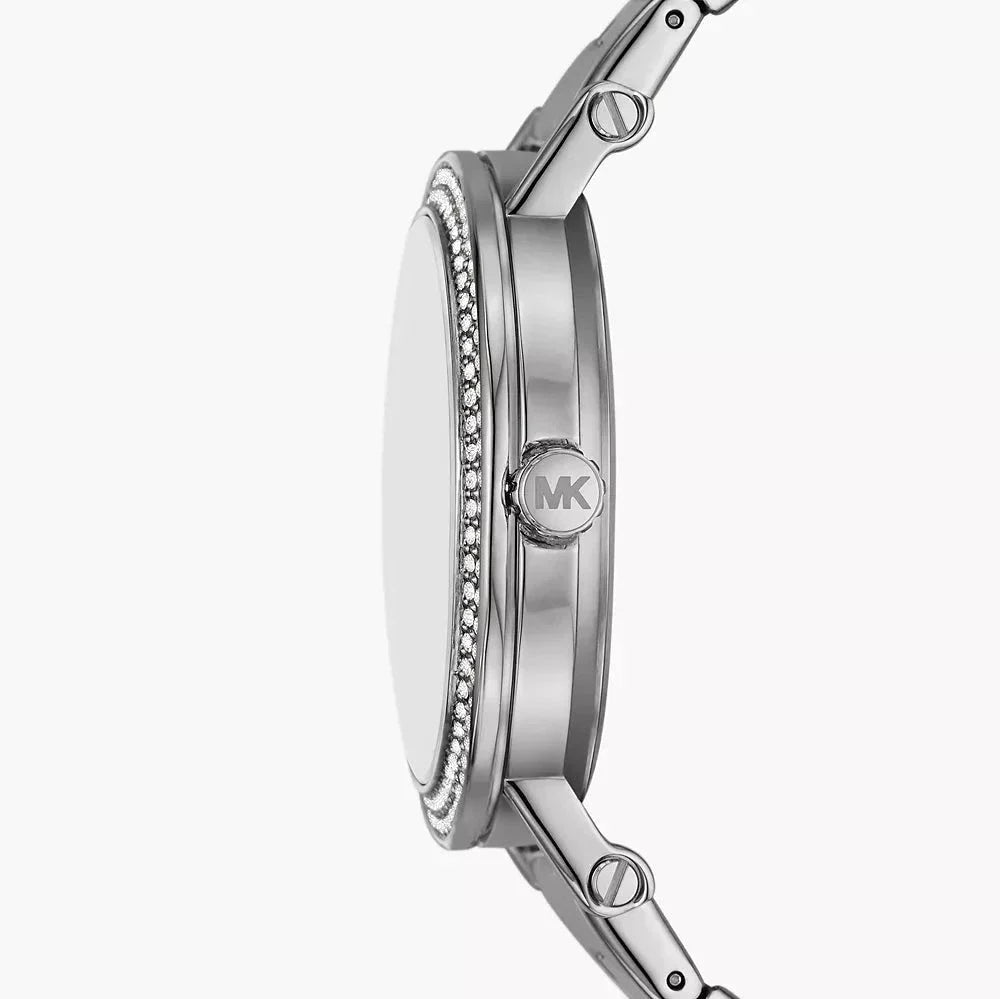 Side profile of Michael Kors Corey MKO1050 rose gold stainless steel women's watch