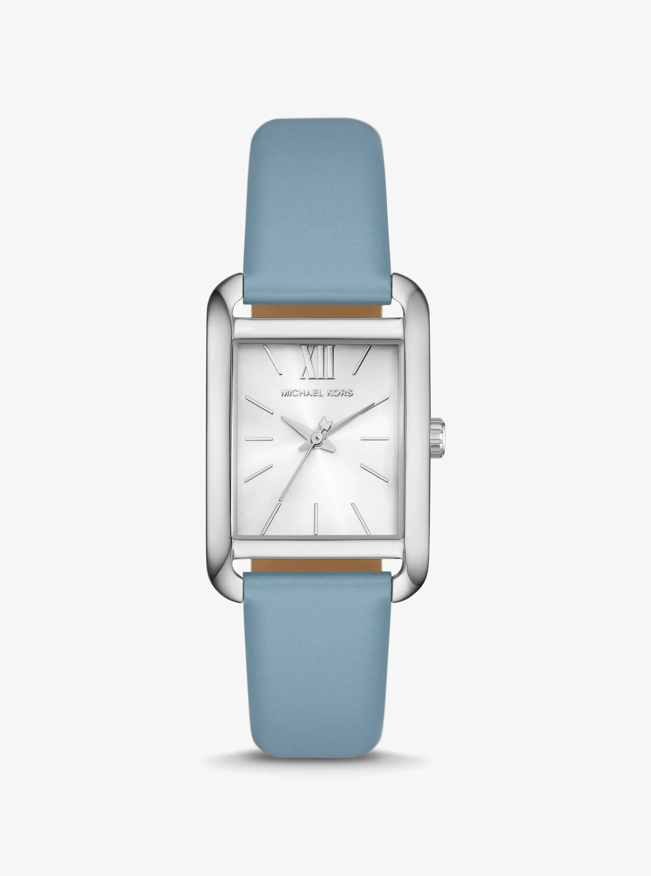 Michael Kors Petite Monroe MKO1061 women's white dial sky blue leather watch front view