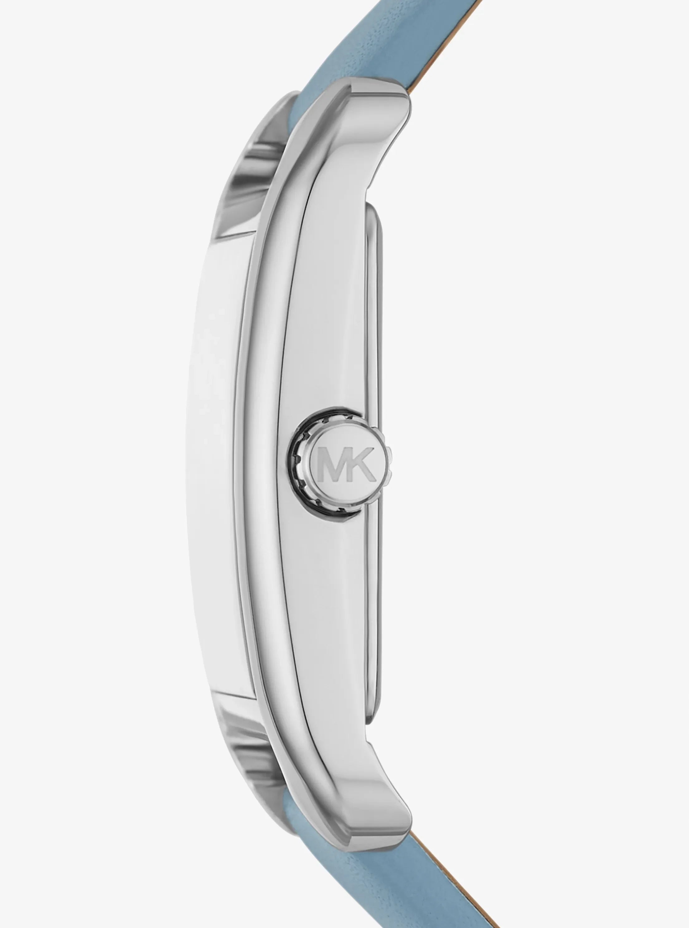 Side profile of Michael Kors Petite Monroe MKO1061 sky blue leather strap watch