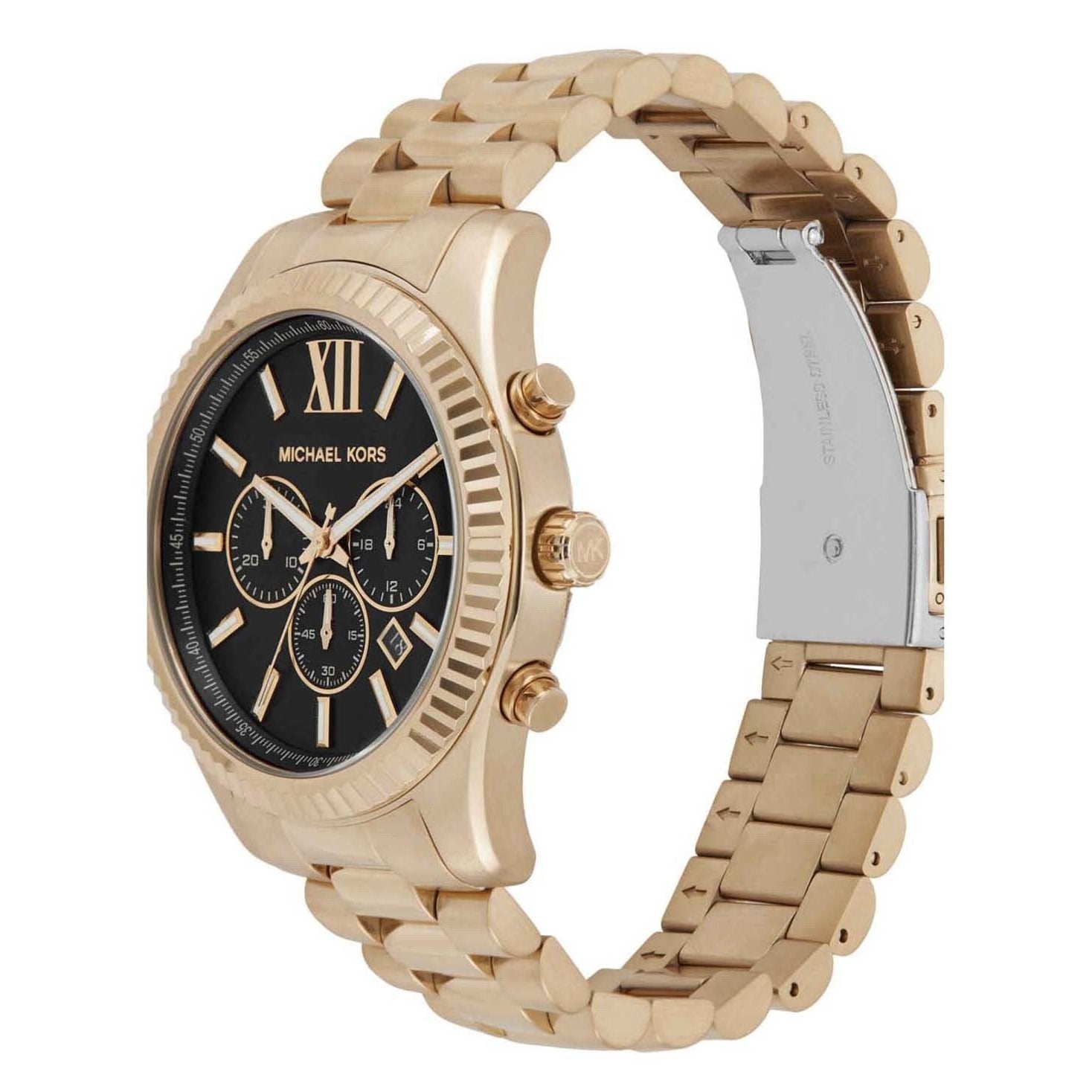 Side profile of Michael Kors Lexington MK9155 rose gold stainless steel watch