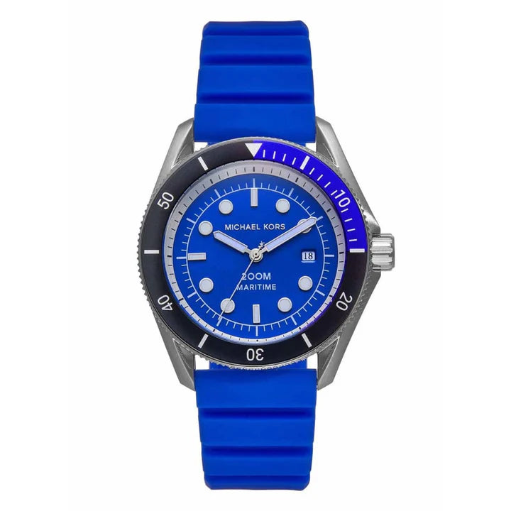 Michael Kors Maritime MK9156 men's blue dial silver stainless steel silicone strap watch front view