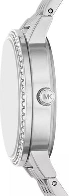 Side profile of Michael Kors Melissa MK1055 silver stainless steel bracelet watch