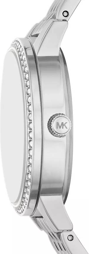 Side profile of Michael Kors Melissa MK1055 silver stainless steel bracelet watch