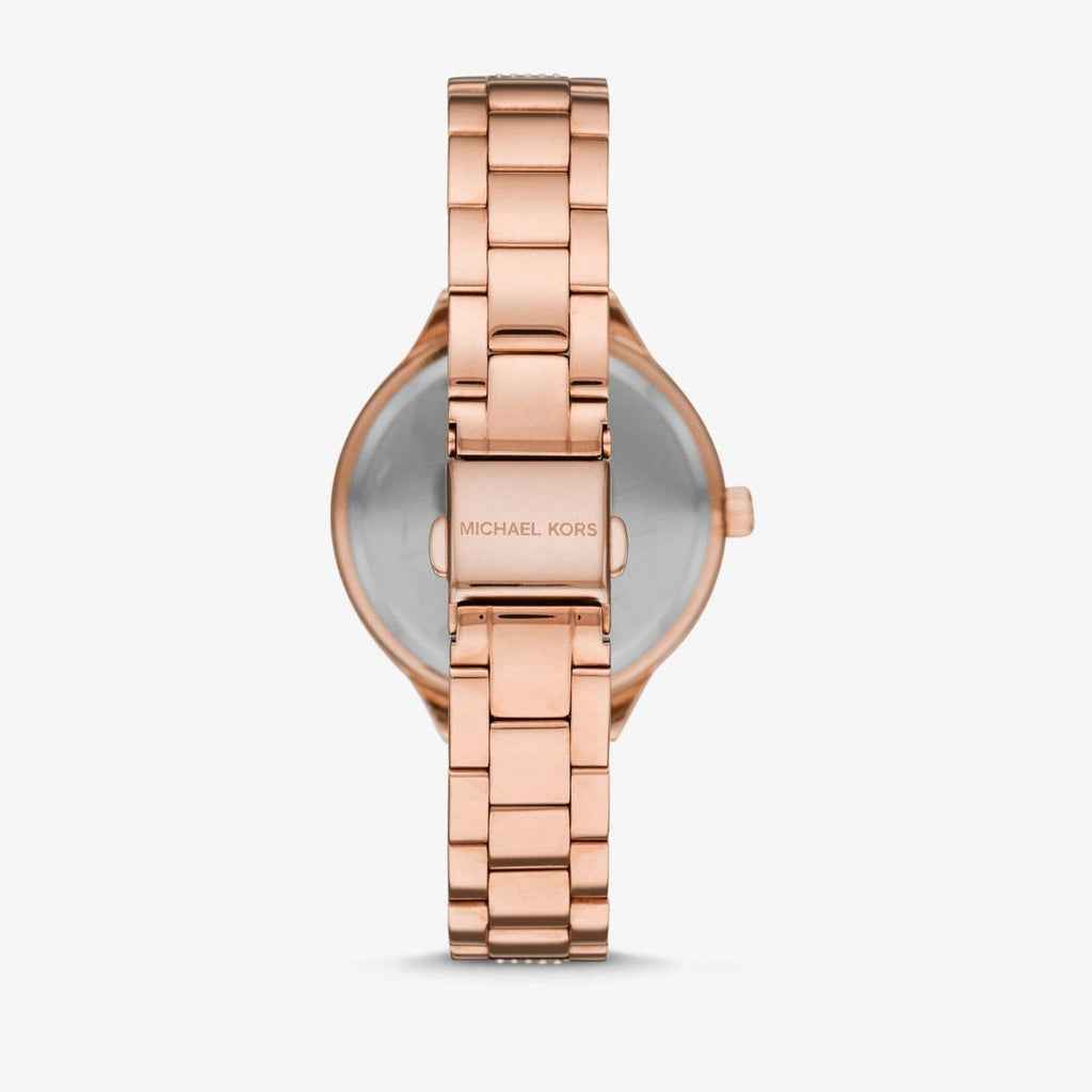 Back view of Michael Kors MK3799 quartz watch with rose gold stainless steel case