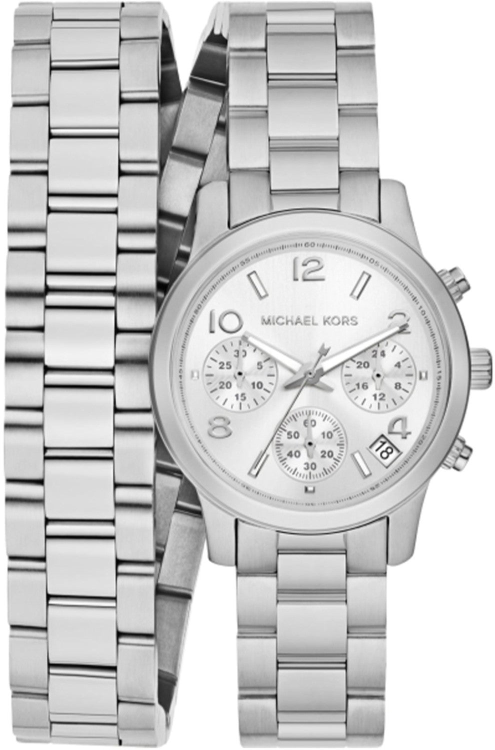 Michael Kors Runway MK7454 women's silver dial stainless steel wrap watch front view