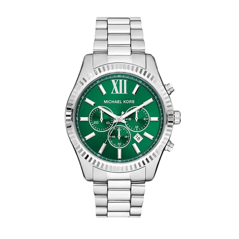 Michael Kors Lexington MK9152 men's green dial silver stainless steel chronograph watch front view