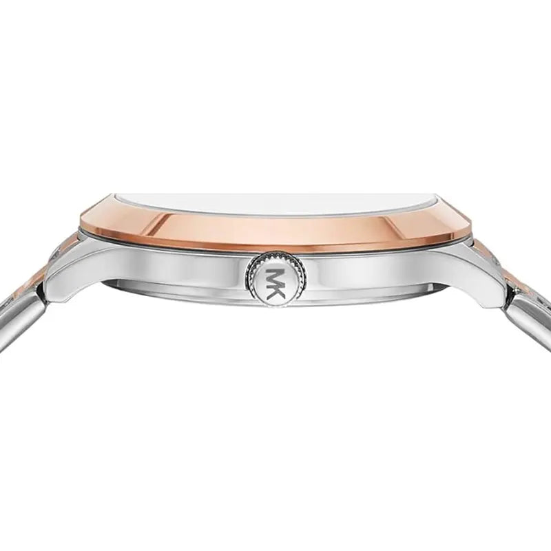 Side profile of Michael Kors Slim Runway MK1045 two-tone stainless steel bracelet watch