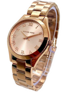 Close-up view of Michael Kors MK3457 rose gold analog dial with index hour markers