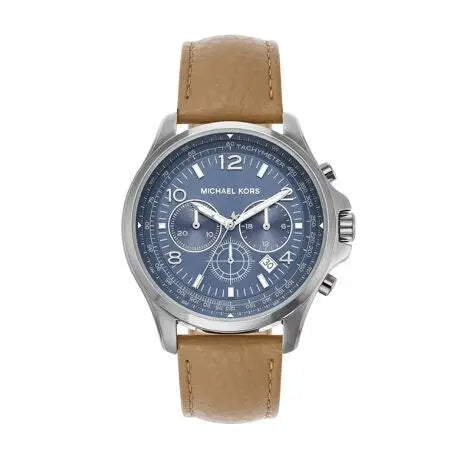 Michael Kors Pilot MK9128 men's blue dial brown leather chronograph watch front view
