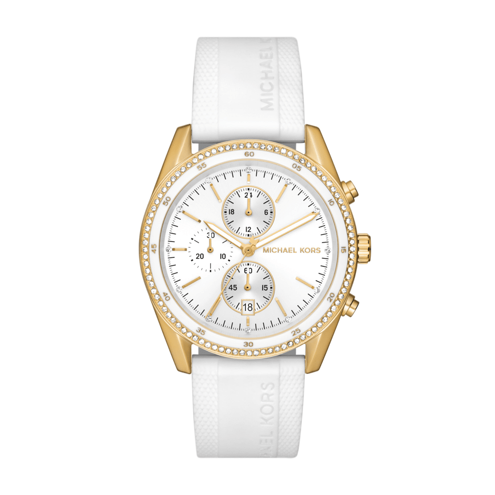 Michael Kors Hadyn MK7484 women's white sunray dial gold-tone case silicone strap watch front view