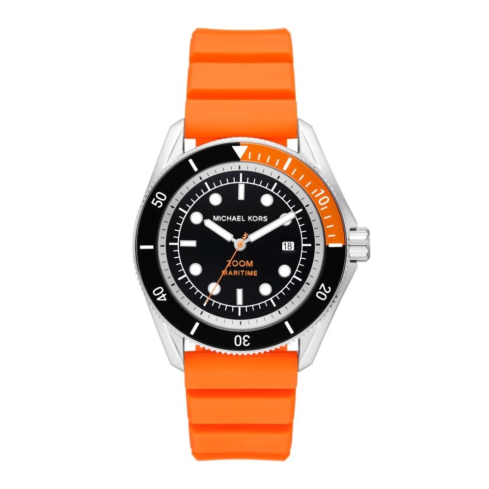 Michael Kors Maritime MK9157 men's black dial orange silicone strap watch front view