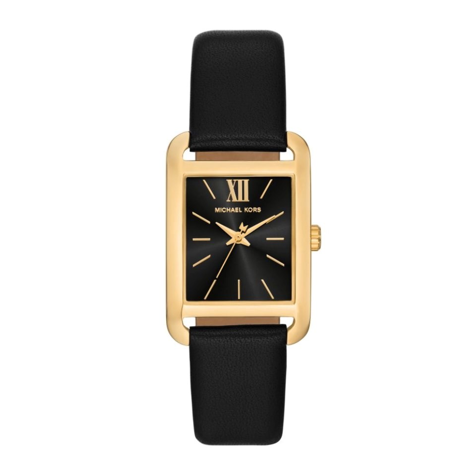 Michael Kors Petite Monroe MKO1027 women's black dial black leather watch front view