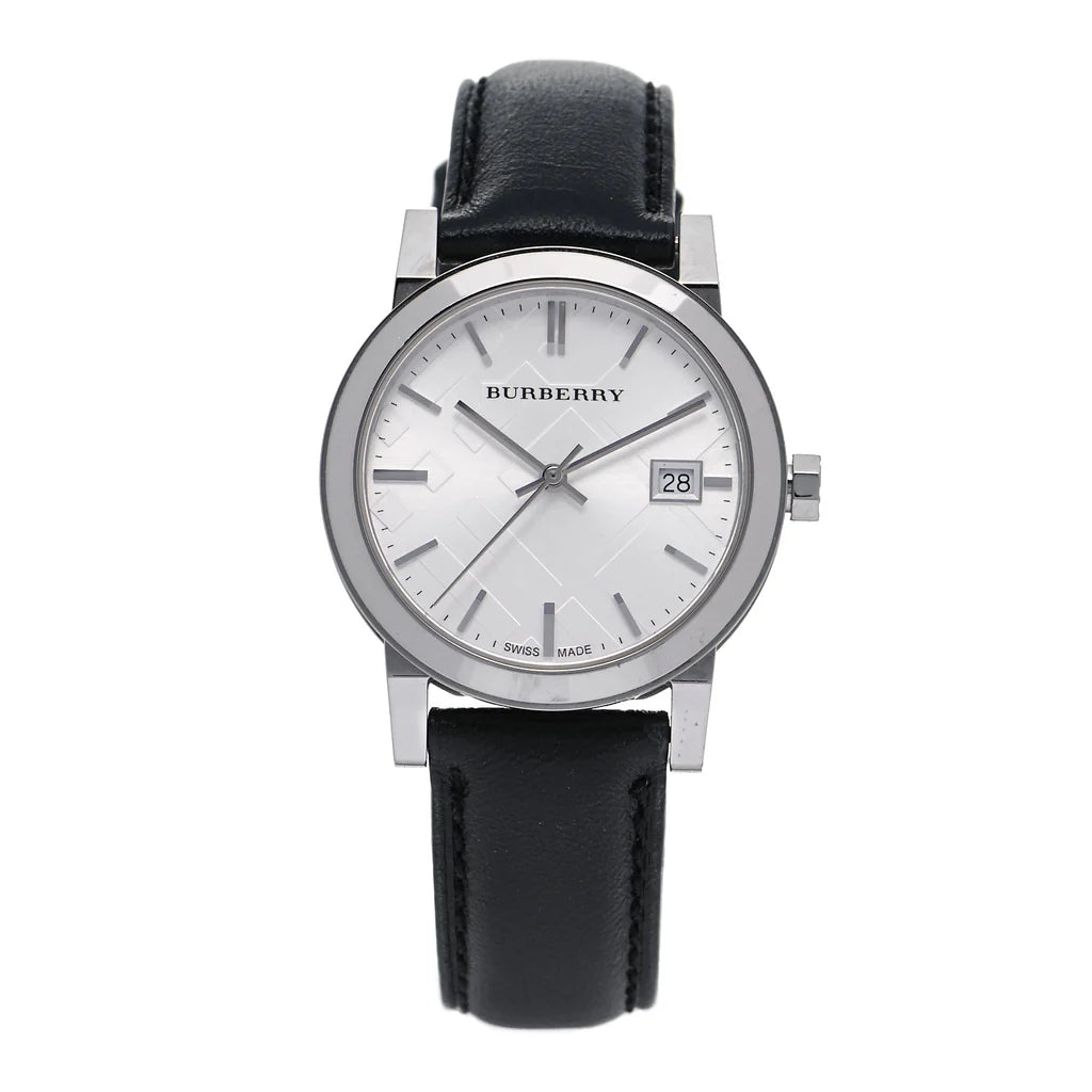 Burberry The City Silver Dial Black Leather Strap BU9106 – Unisex Watch - Luxverse