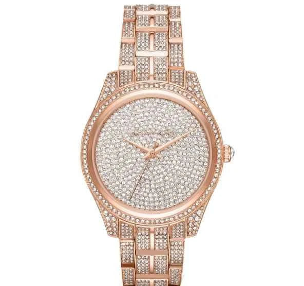Rose gold front view of Michael Kors Lauryn Pavé MK3931 women's stainless steel watch