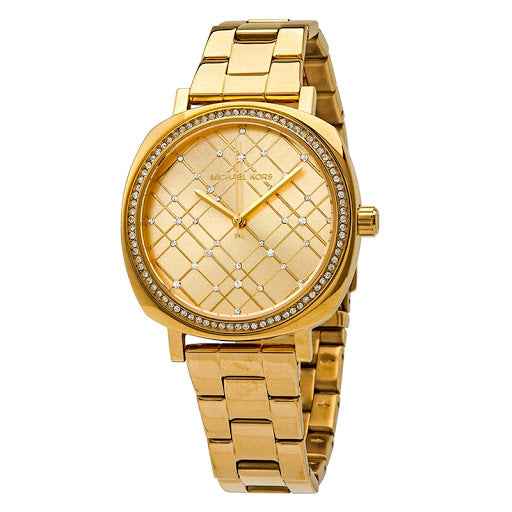 Close-up of Michael Kors MK3989 gold crystal-set analog dial