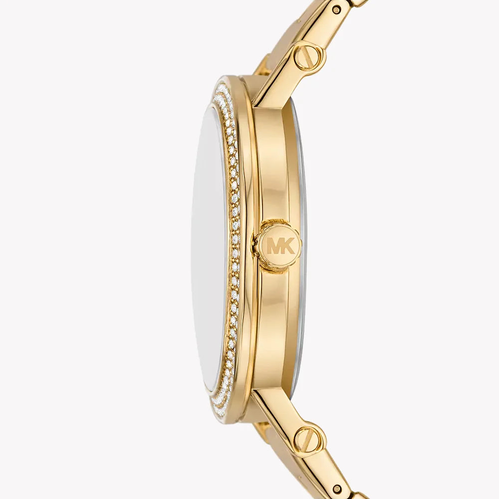Side profile of Michael Kors MKO1048 gold stainless steel women's watch