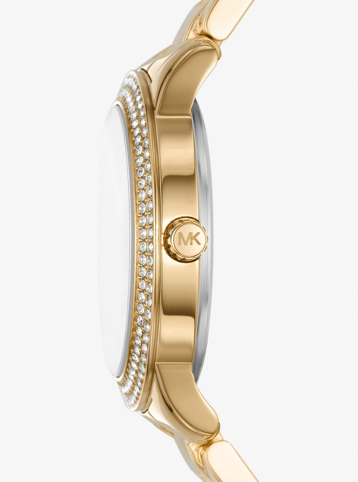 Side profile of Michael Kors Mini Tibby Pavé MK1057 stainless steel bracelet watch
