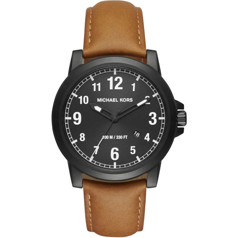 Michael Kors Paxton MK8502 men's black dial black leather watch front view
