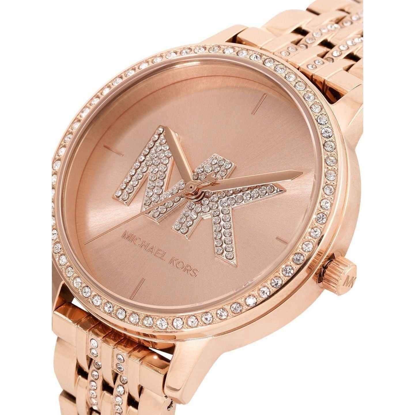 Close-up of Michael Kors MK4372 rose gold analog dial with crystal-set bezel