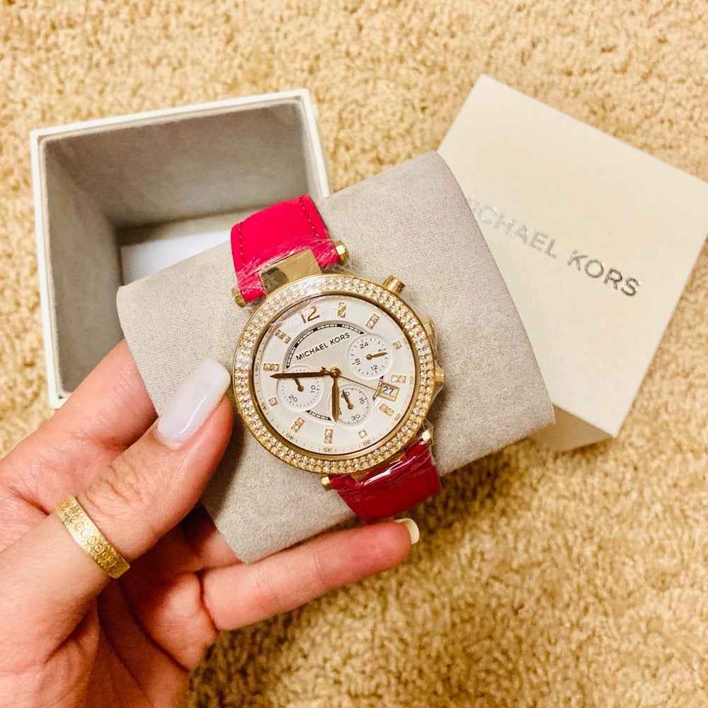 Michael Kors Parker MK2297 Women's White Dial Pink Leather Chronograph Watch
