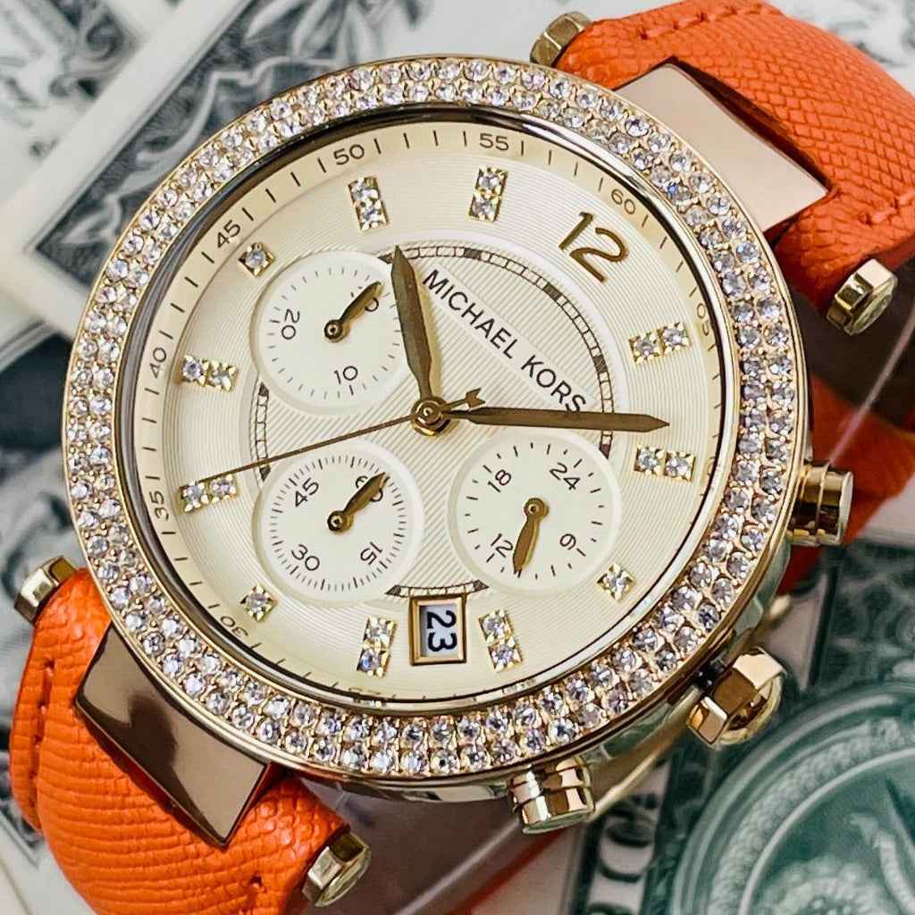 Michael Kors Parker MK2279 Women's Champagne Dial Orange Leather Chronograph Watch
