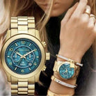 Michael Kors Runway Hunger Stop MK8315 Unisex Blue Dial Gold Stainless Steel Chronograph Watch