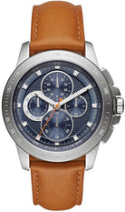 Michael Kors Ryker MK8518 men's blue dial brown leather chronograph watch front view