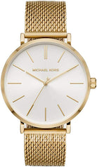 Michael Kors Auden MK7150 women's white dial gold mesh strap watch front view