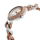 Close-up of Michael Kors MK6843 silver sunray dial with crystal rose gold bezel