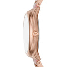 Side profile of Michael Kors Janelle MK7089 rose gold stainless steel bracelet watch