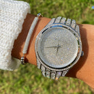 Close-up view of Michael Kors MK3717 silver analog dial with pave detailing