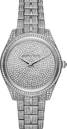 Silver dial front view of Michael Kors Lauryn Pave MK3717 women's stainless steel watch