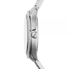 Side view of Michael Kors Lauryn Pave MK3717 silver stainless steel bracelet watch