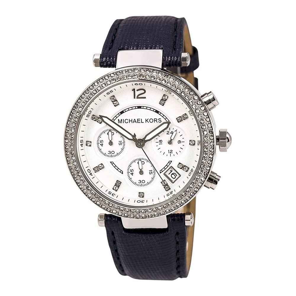 Michael Kors MK2293 Women's Silver Dial Navy Leather Chronograph Watch