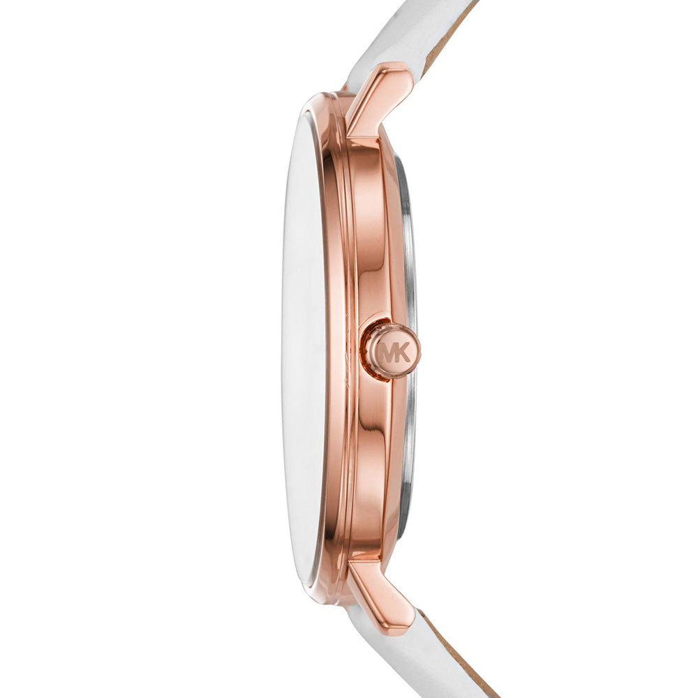 Side profile of Michael Kors Pyper MK2800 white leather strap women's watch