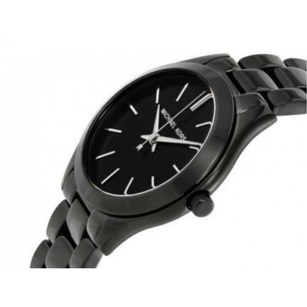Close-up view of Michael Kors MK3587 black analog dial with minimalist markers