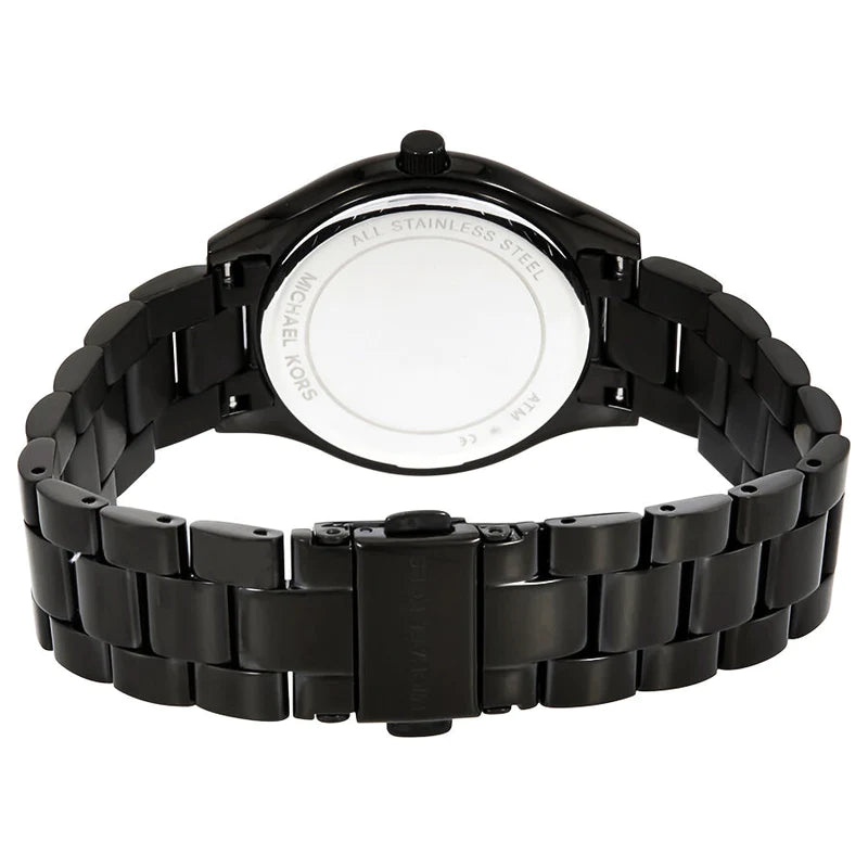 Back view of Michael Kors MK3587 quartz watch with black stainless steel case
