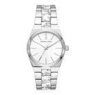 Front view of Michael Kors Channing MK6649 women's white dial two-tone watch