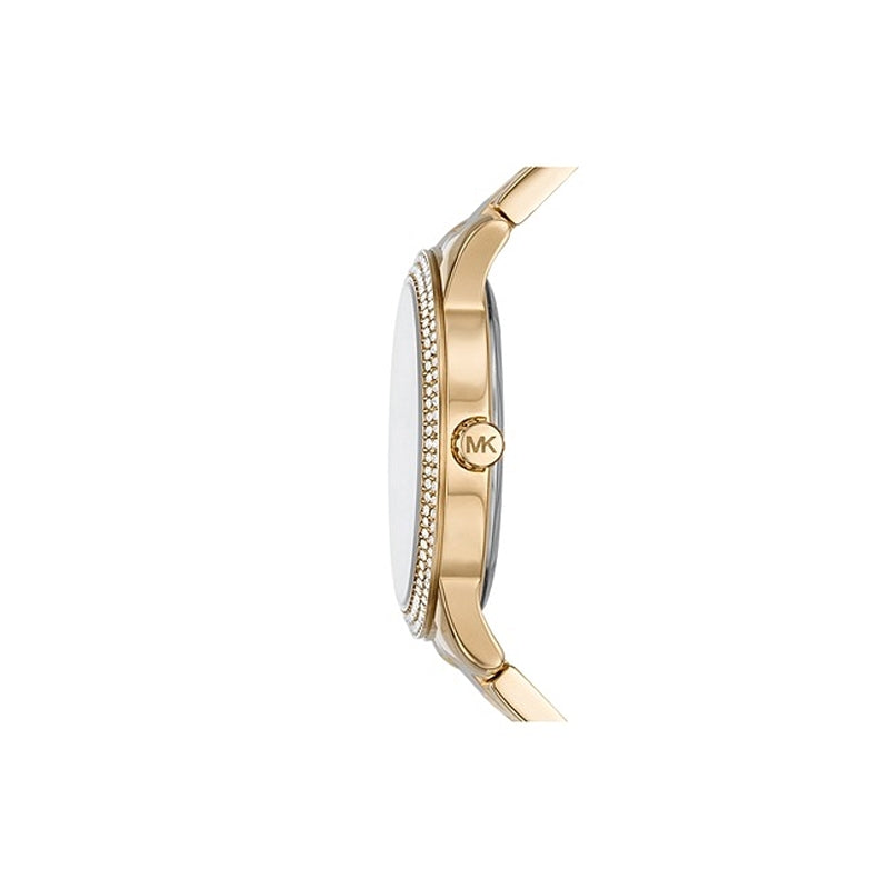 Side profile of Michael Kors Tibby MK6927 gold stainless steel bracelet watch