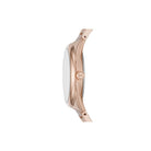 Side profile of Michael Kors Janelle MK7135 rose gold stainless steel bracelet watch