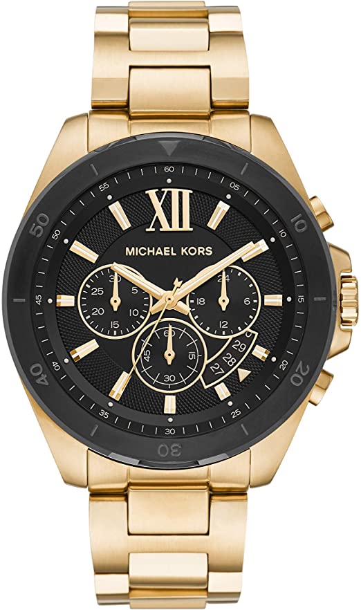 Michael Kors Brecken MK8848 men's black dial gold stainless steel chronograph watch front view