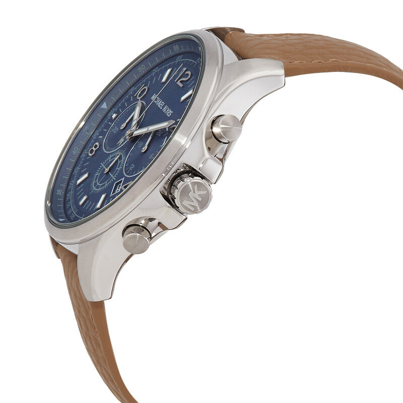 Side profile of Michael Kors Pilot MK9128 brown leather strap men's watch