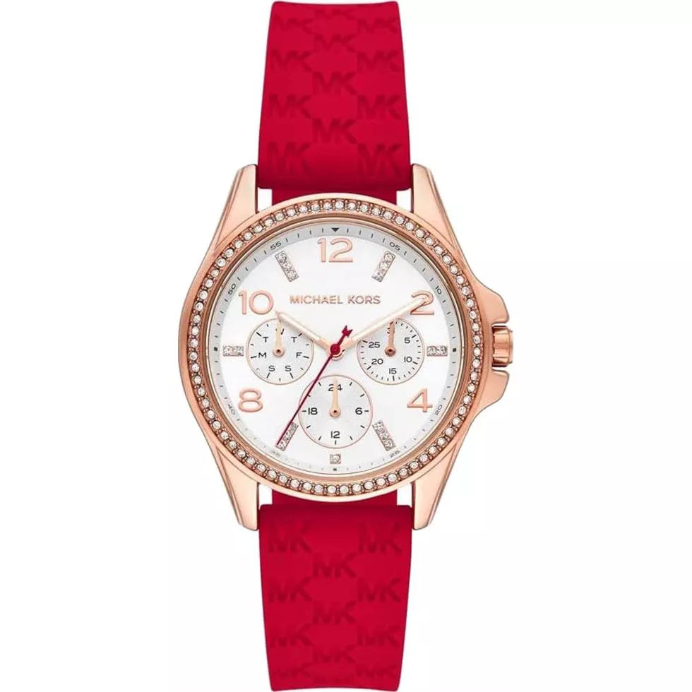 Michael Kors Pilot MKO1005 women's rose gold and red silicone watch