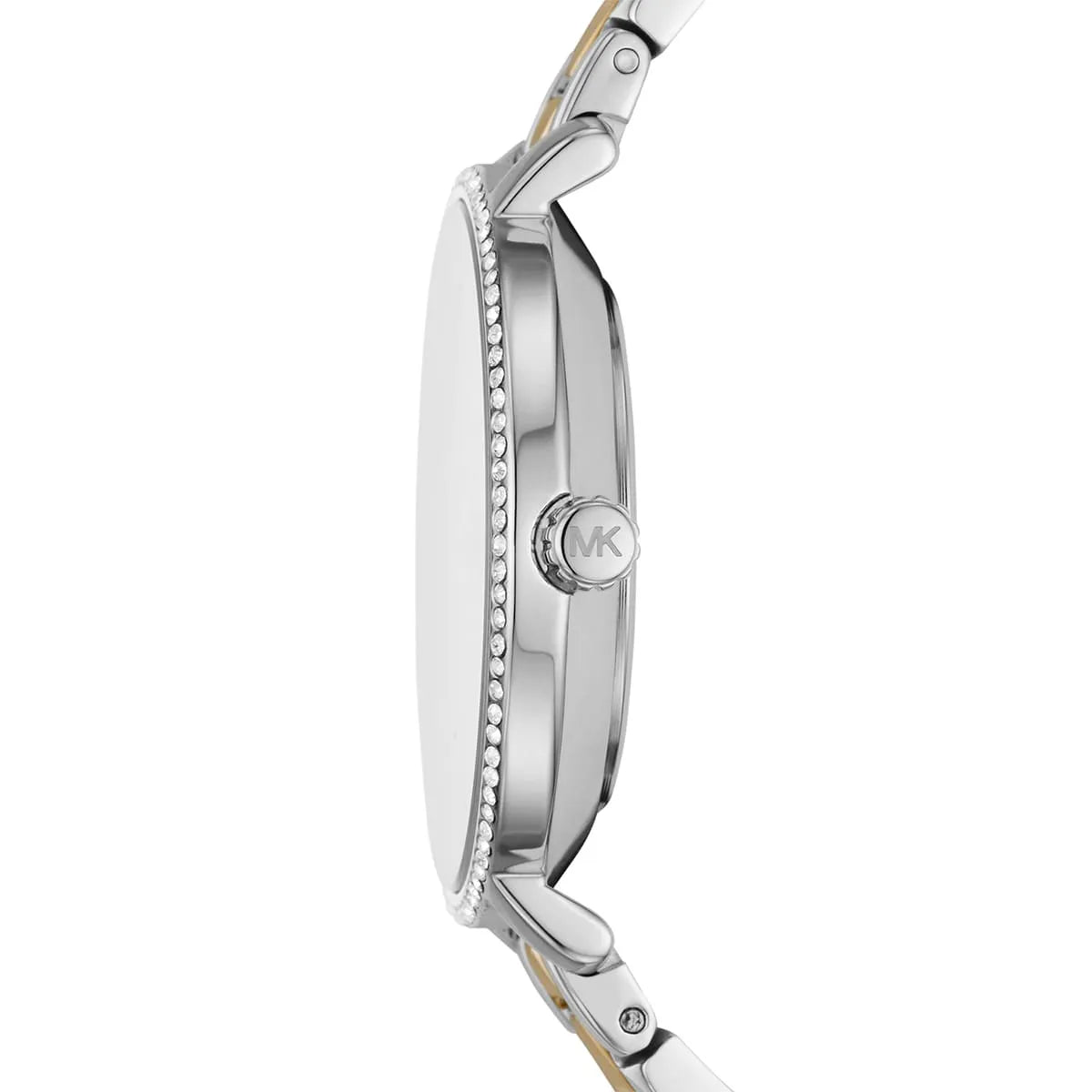 Side profile of Michael Kors Mini Pyper MK1041 two-tone bracelet watch with matching jewelry set