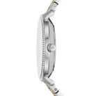 Side profile of Michael Kors Mini Pyper MK1041 two-tone bracelet watch with matching jewelry set