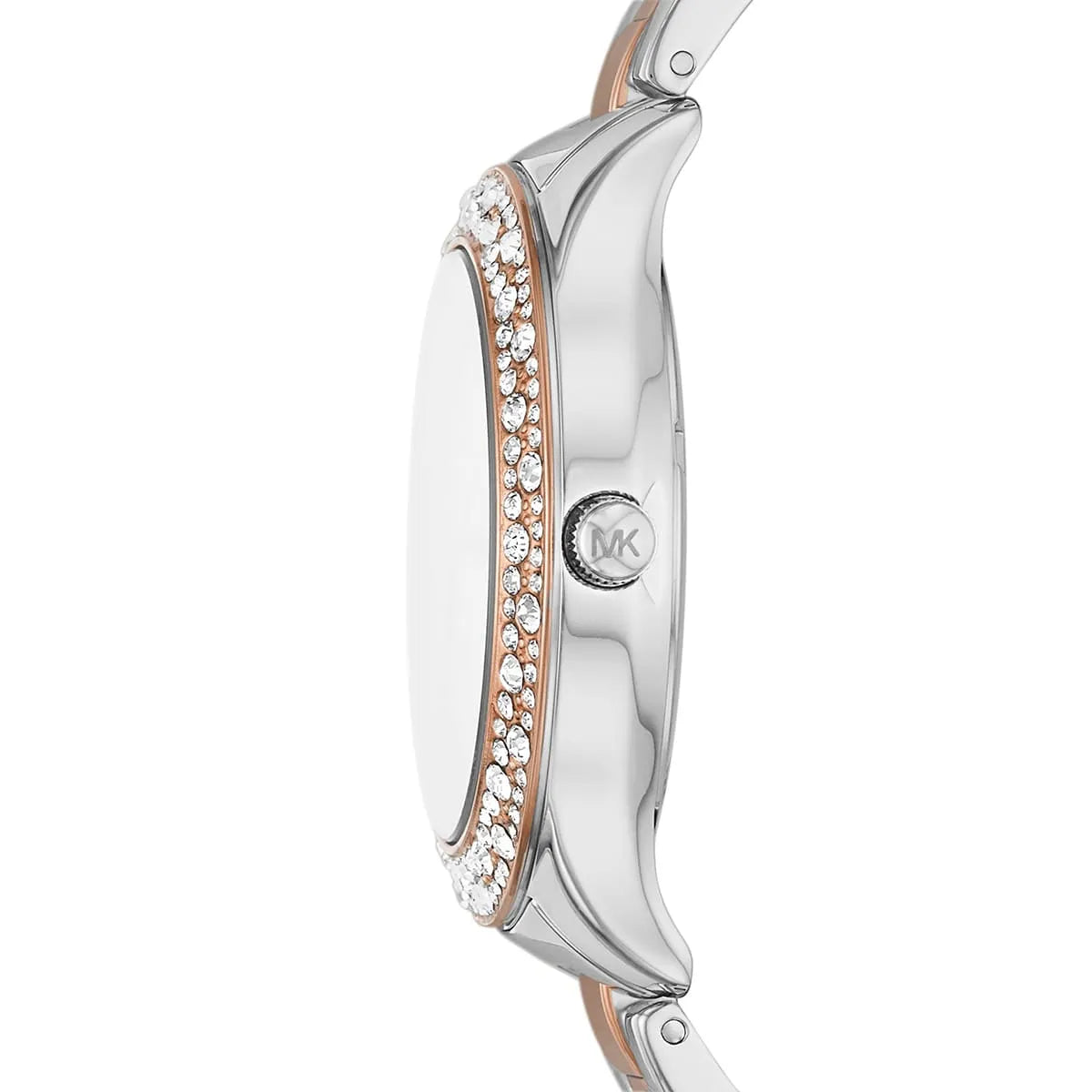 Side profile of Michael Kors Liliane MK1048 two-tone stainless steel bracelet watch